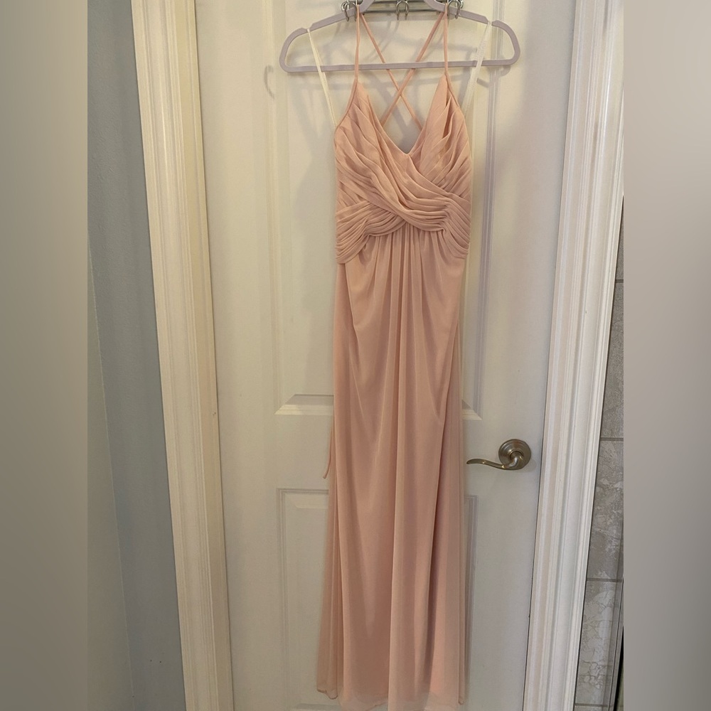 Light pink David’s Bridal floor length dress. Open back. Adjustable straps.